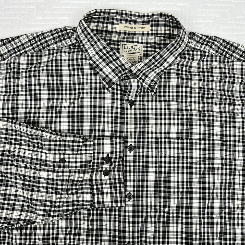 LL Bean Shirt Mens 2XL Tall Black Plaid Gingham Wrinkle Resistant Button Down